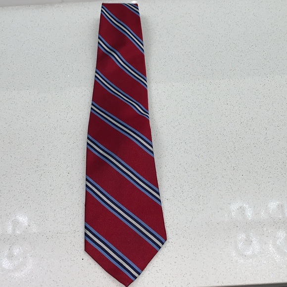 EUC Brothers, 100% silk necktie in red w/ light, light blue, black, white stripe - Picture 7 of 9